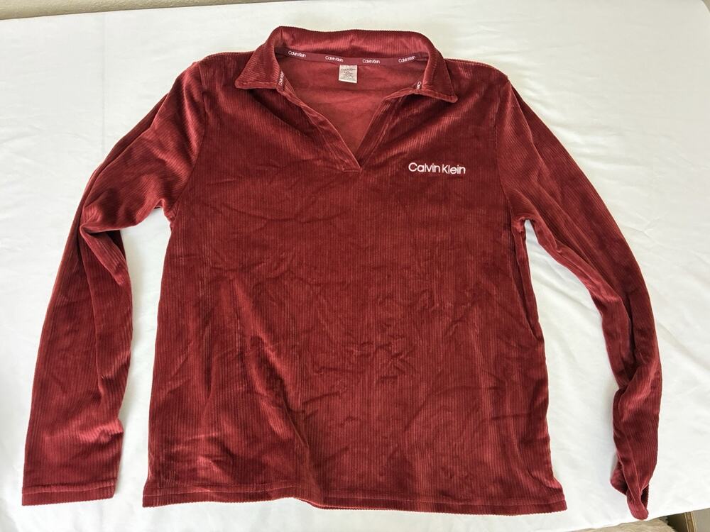 Calvin Klein Womens Ribbed Plush PJ 2 Piece Set Burgundy Red Long Sleeve M Cozy